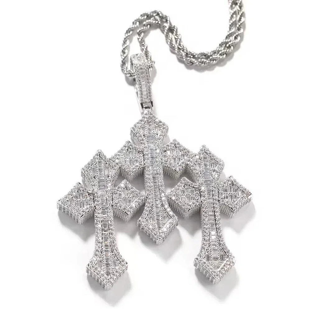 Silver Triple Cross Pendant Necklace 24inch rope chain
